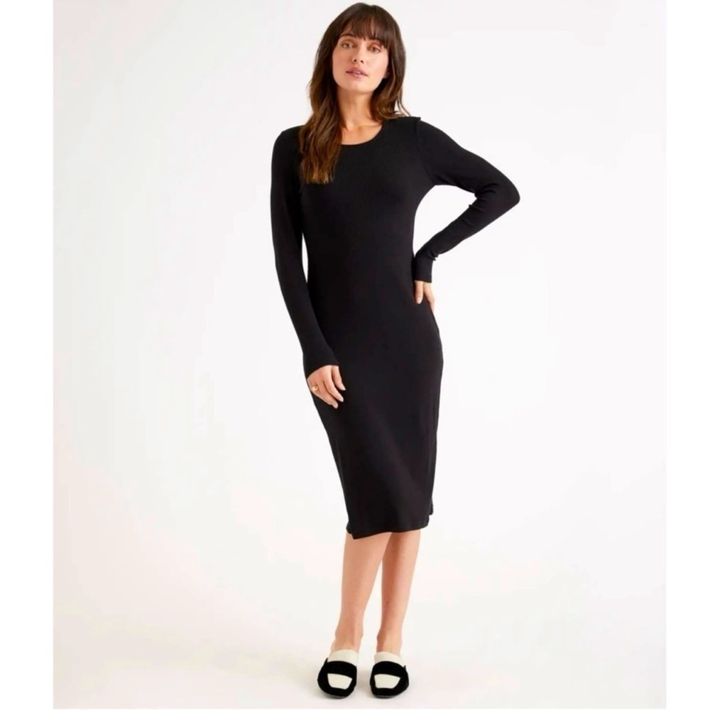 NWT QUINCE Tencel Rib Knit Long Sleeve Dress Black S
